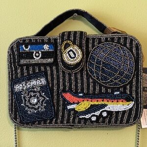 NWT Black Silver Stripe Travel Beaded Made in India Passport Plane Crossbody Bag